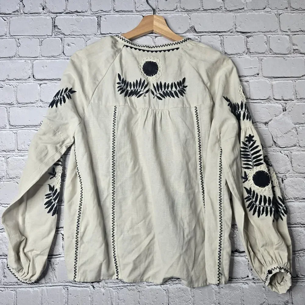 Zara Woman Cotton Linen Beige Black Stitch Embroidered Tassel Blouse New Size XS - Picture 10 of 12